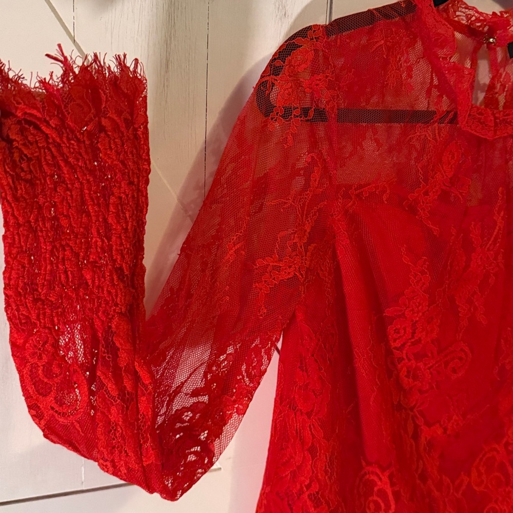 Sugarlips Vibrant Red Lace Blouse - Picture 3 of 9